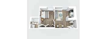A top down view of a modern, minimalist living space.