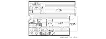 A floor plan of a house with a living room, dining room, kitchen, and bathroom.