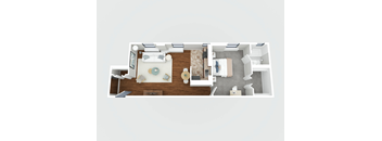 A top-down view of a modern apartment layout with a kitchen, living room, and bedroom.