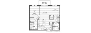 A floor plan of a small apartment with a patio and balcony.