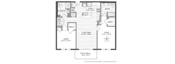 A floor plan of a small apartment with a sleeping area, a kitchen, a bathroom, and a living area.