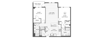 A floor plan of a house with a sleeping area, a kitchen, a living room, and a bathroom.