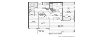 A floor plan of a house with labeled rooms such as bedrooms, a patio, and a work area.