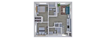 A 3D rendered image of a modern apartment layout.