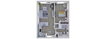 A 3D floor plan of a small apartment with a kitchen, living room, and bathroom.