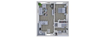 A 3D floor plan of a small apartment with a kitchen, living room, and bathroom.