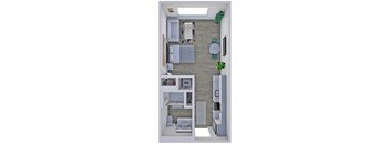 A top-down view of a small apartment with a kitchen, living room, and bathroom.