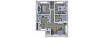 A top-down view of a small apartment with a kitchen, living room, and bathroom.