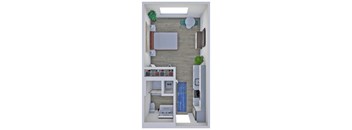A 3D floor plan of a small apartment with a living room, kitchen, and bathroom.