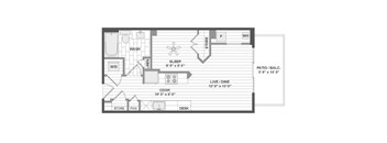 A floor plan of a small house with a sleeping area, kitchen, and bathroom.