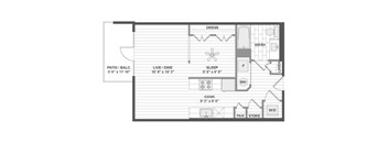 A floor plan of a small apartment with a living room, kitchen, and bathroom.