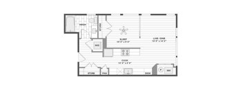 A floor plan of a small apartment with a sleeping area, a kitchen, a living/dining area, and a bathroom.