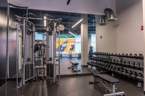 A gym with a variety of equipment including weights and a leg press machine.