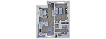 A 3D floor plan of a small apartment with a kitchen, living room, and bathroom.