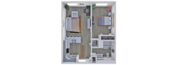 A floor plan of a small apartment with a kitchen, living room, and bathroom.