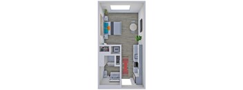 A modern apartment with a kitchen, living room, and bathroom.