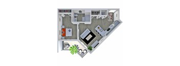 A top-down view of a house layout with a kitchen, living room, and bathroom.