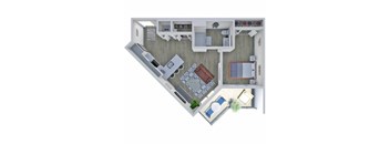 A top-down view of a small apartment with a kitchen, living room, and bathroom.