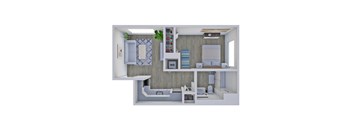 A 3D rendered image of a modern bedroom with a bed, nightstand, and a plant.