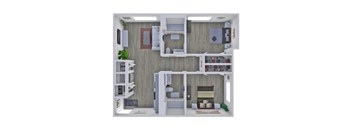 A 3D rendered image of a modern apartment layout.