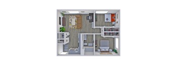 A 3D rendered image of a small apartment layout.