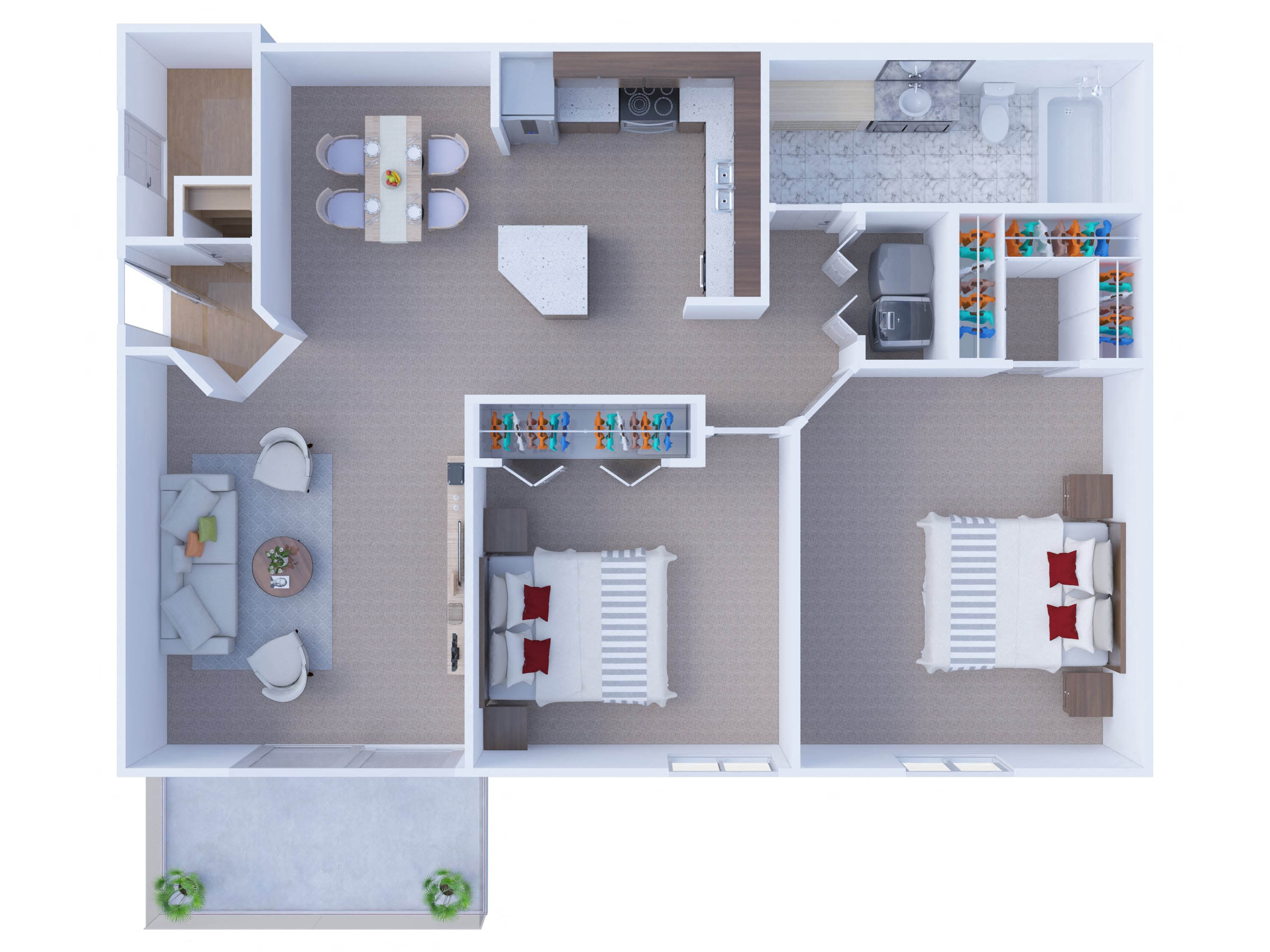 Two bedroom 2 bath 3D floorplan with balcony at Arbor Lakes Apartments, Illinois, 60004