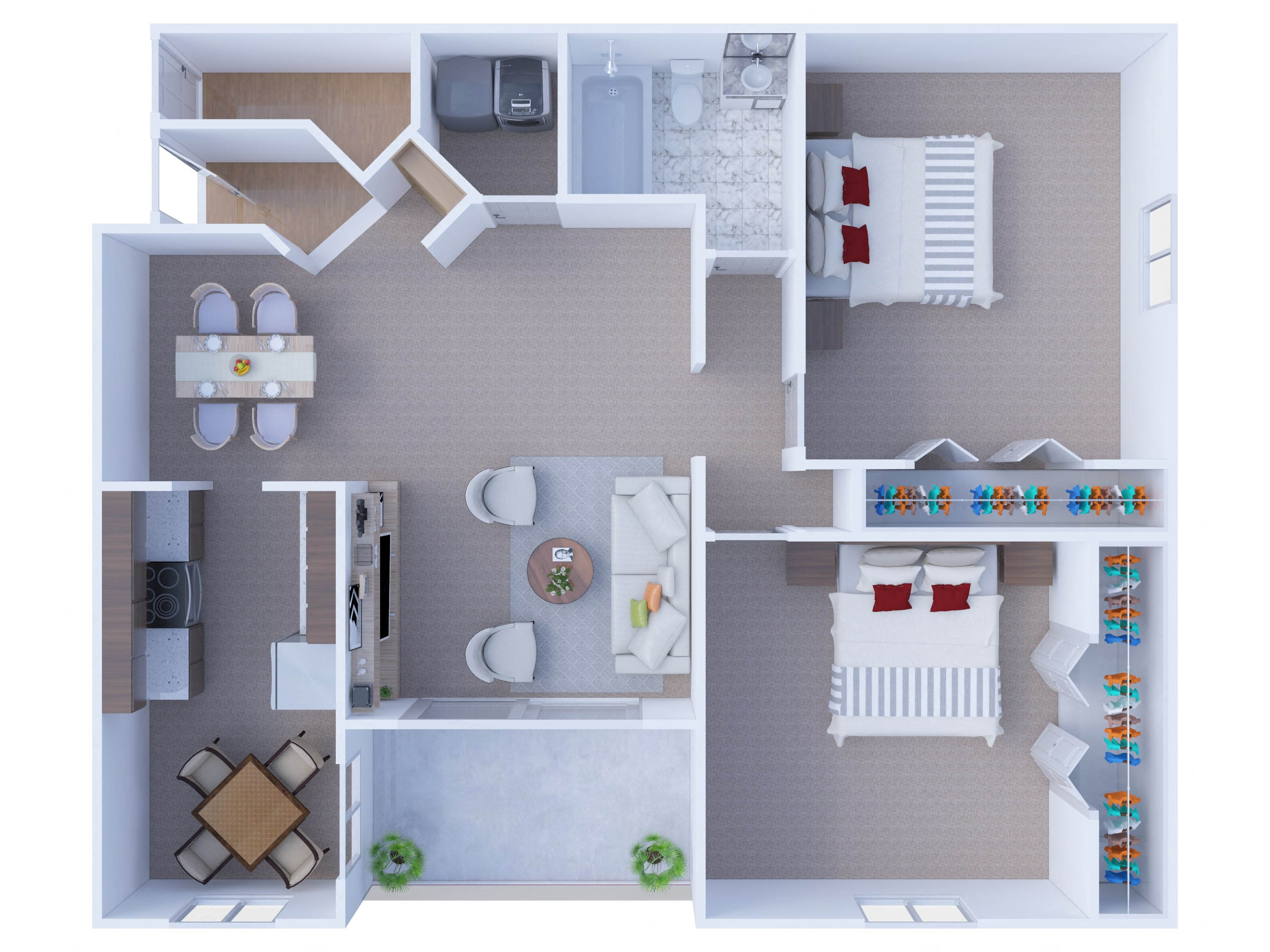 Two bed one bathroom 3D floorplan at Arbor Lakes Apartments, Arlington Heights, IL 60004