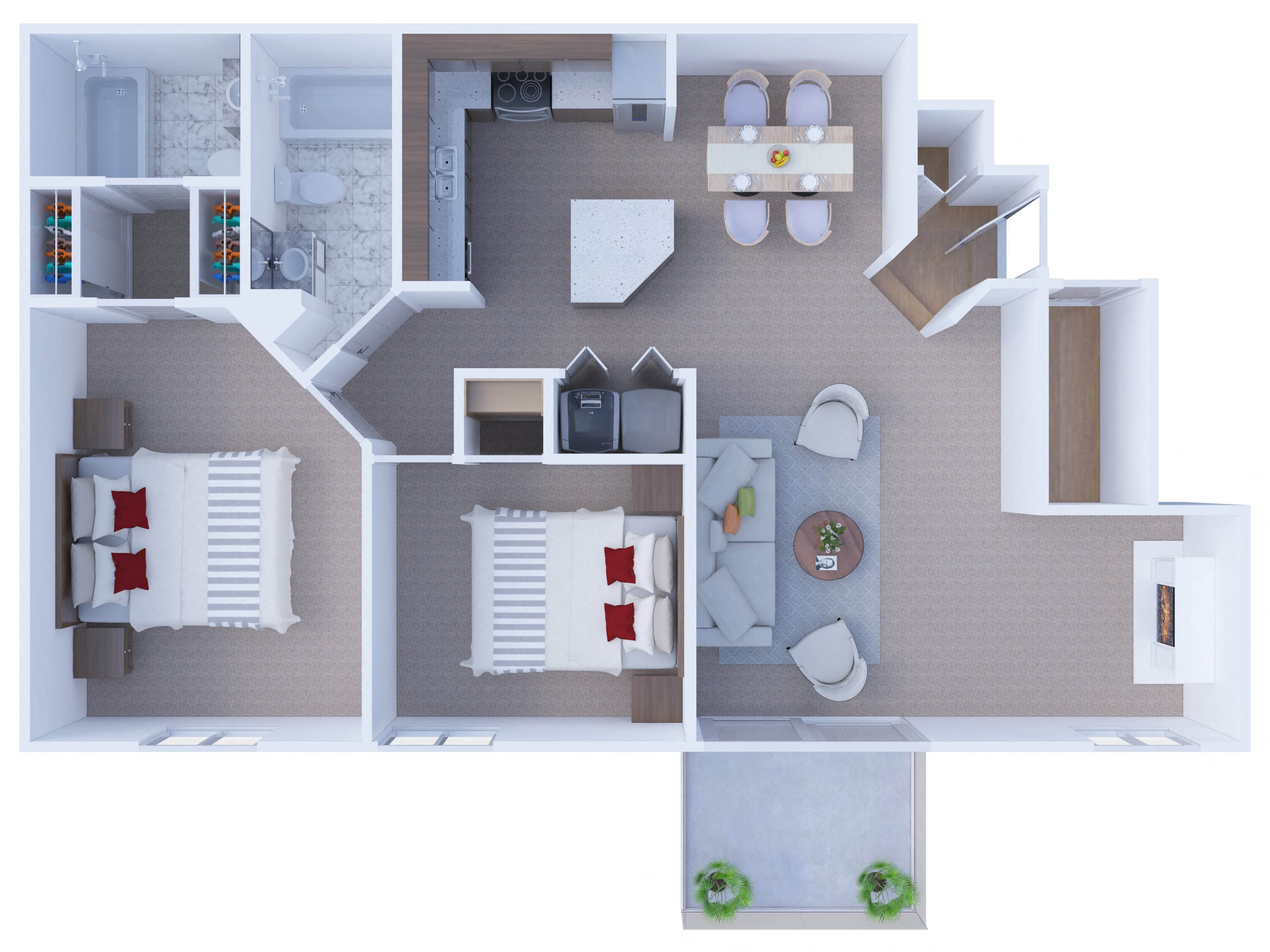 2 bedroom two bathroom 3D floorplan with balcony at Arbor Lakes Apartments, Arlington Heights, IL