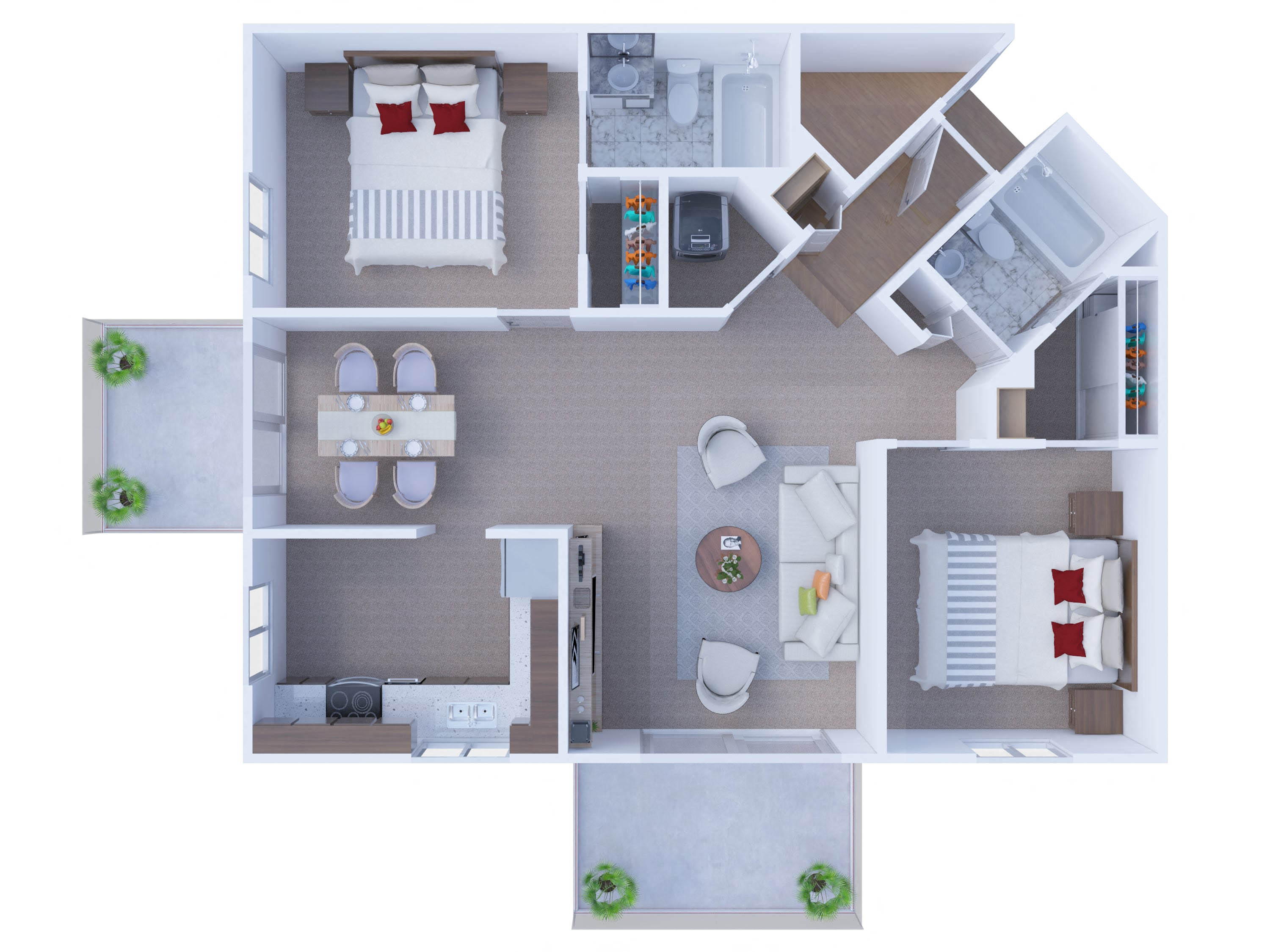 2 bed two bath 3D floorplan at Arbor Lakes Apartments, Arlington Heights, 60004