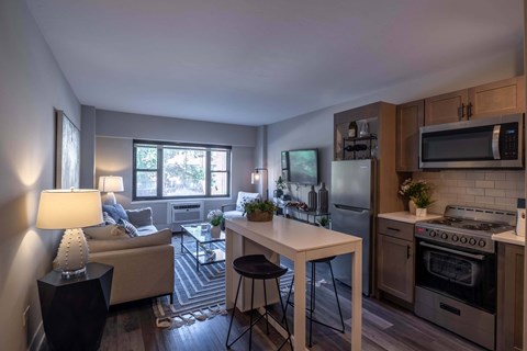 A well-lit kitchen and living room with modern appliances and furniture.