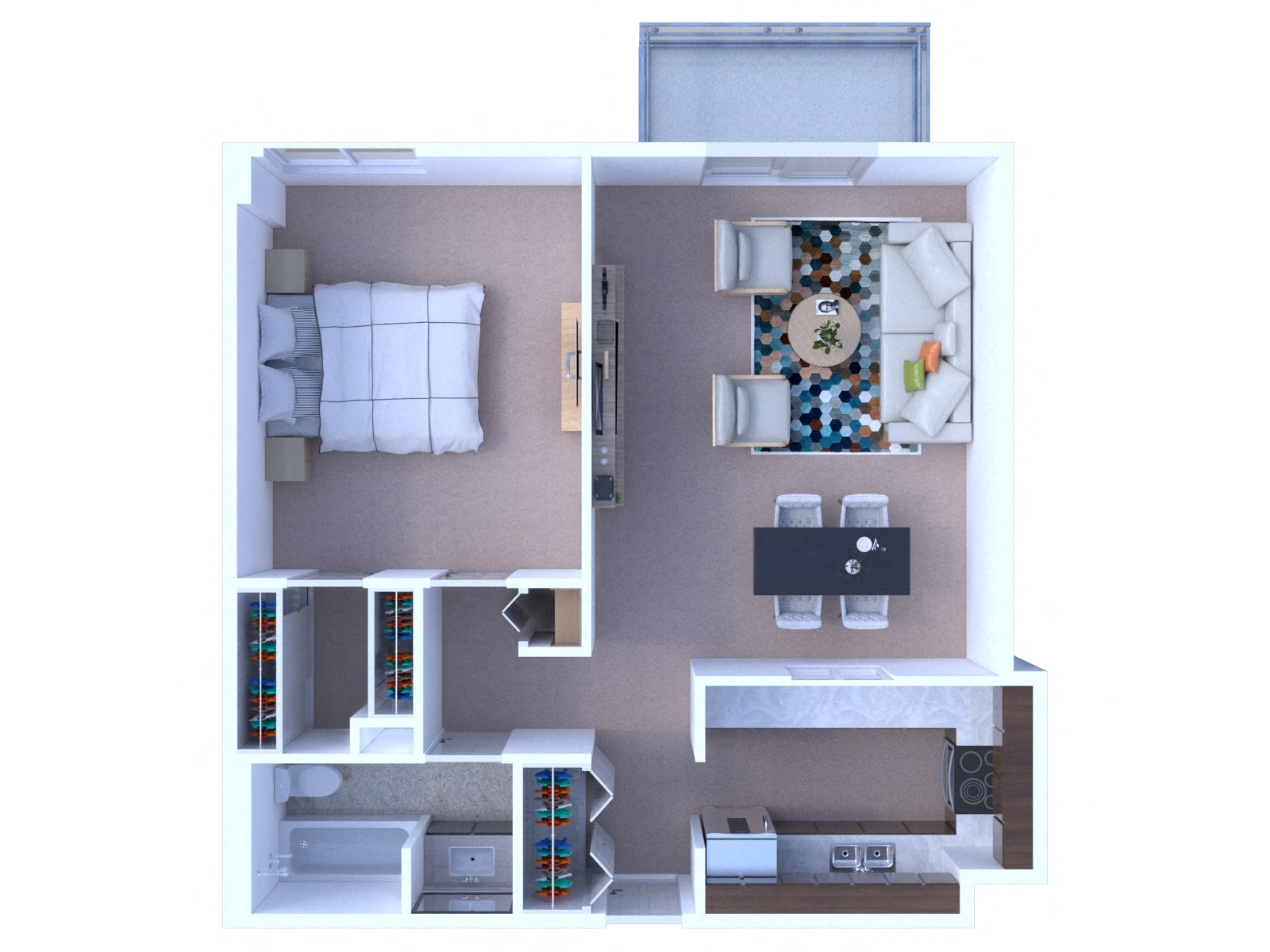 One bed one bathroom 3D floorplan at Dunton Tower Apartments, Illinois