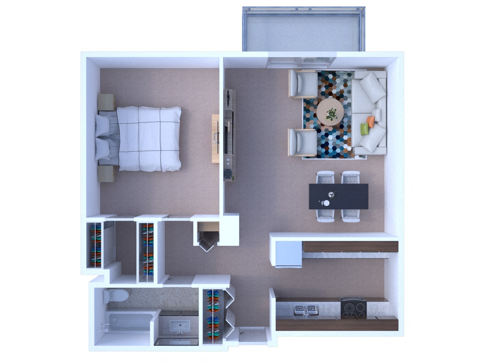 1 bedroom one bathroom floorplan with balcony at Dunton Tower Apartments, Illinois, 60005