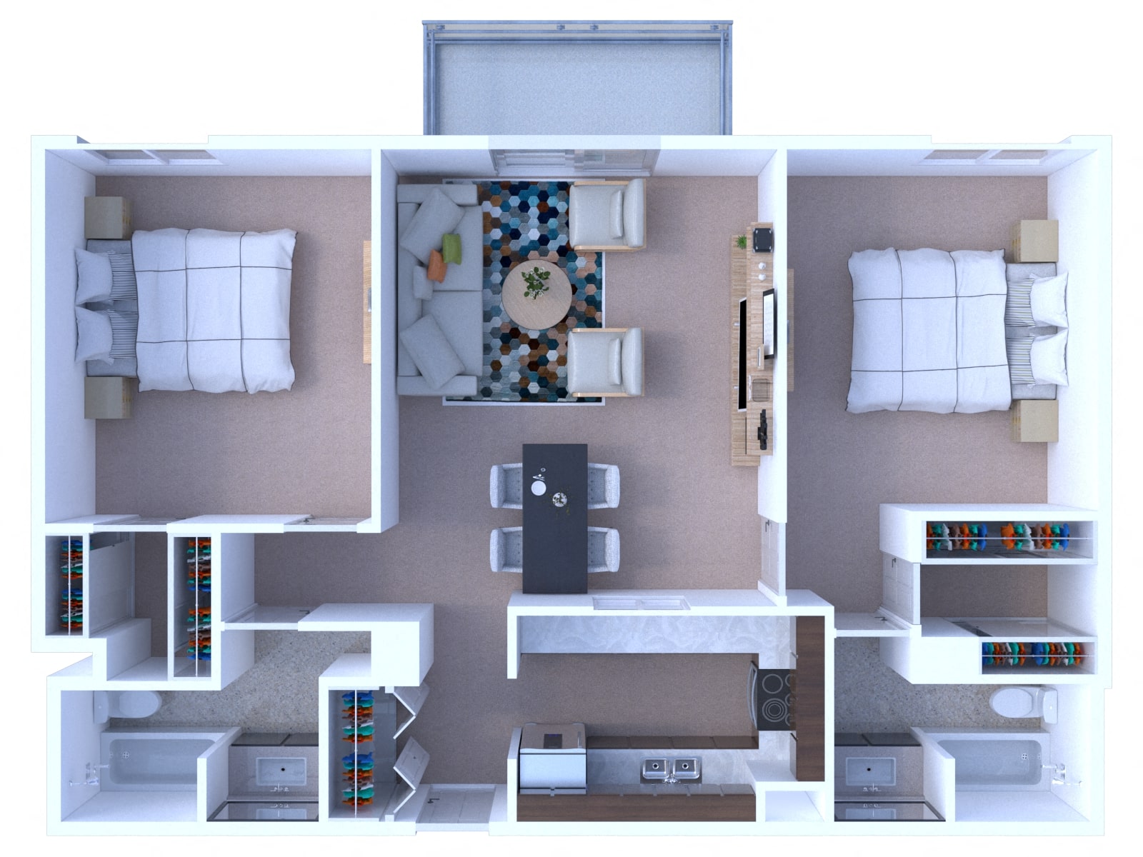 2 bed two bath floorplan at Dunton Tower Apartments, Arlington Heights, IL 60005