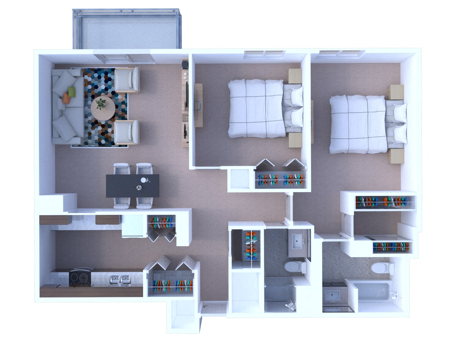 Two bedroom 2 bath 3D floorplan at Dunton Tower Apartments, Arlington Heights, IL