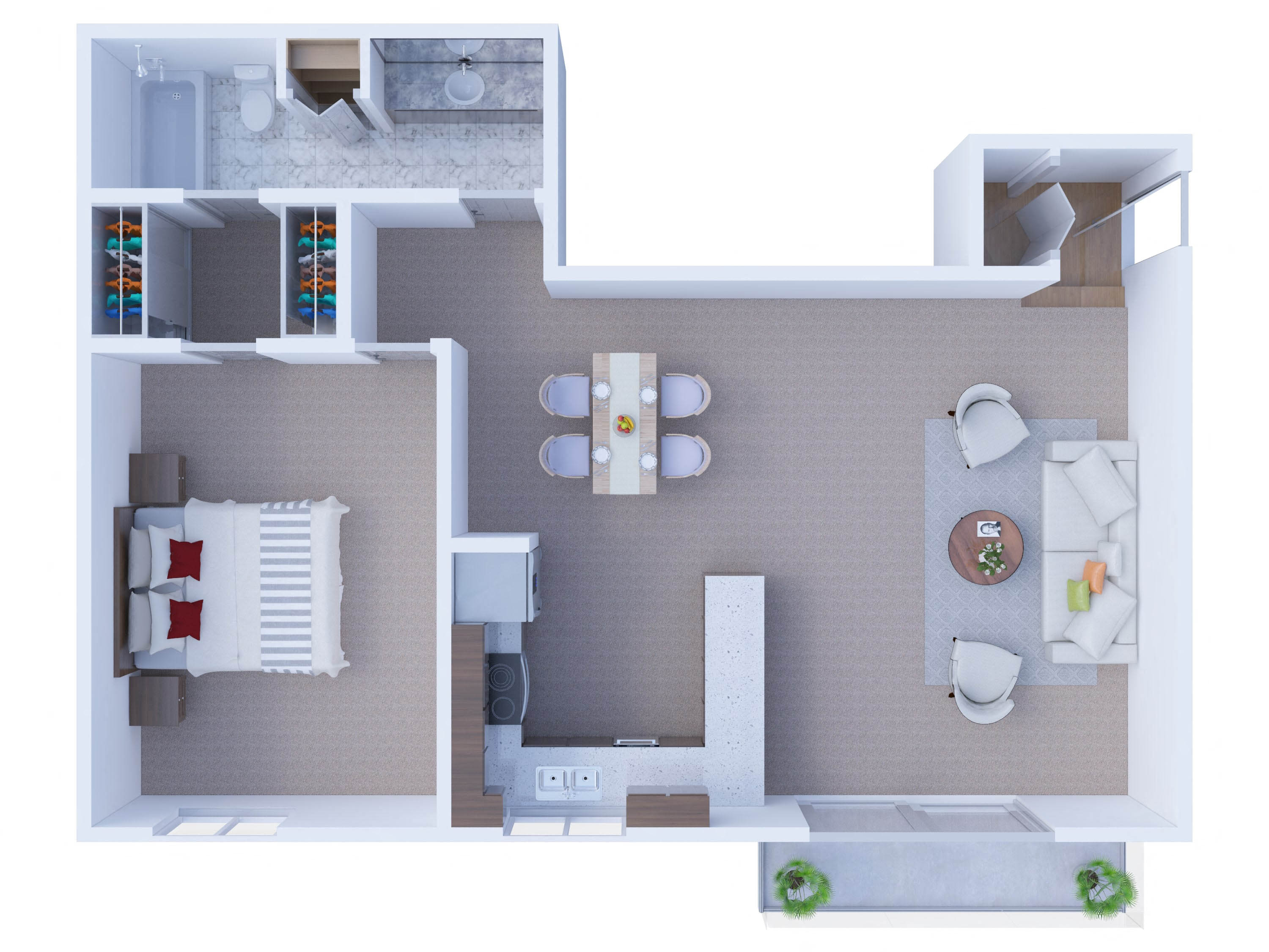One bed one bathroom 3D floorplan at Forest Cove Apartments, Mount Prospect, IL 60056