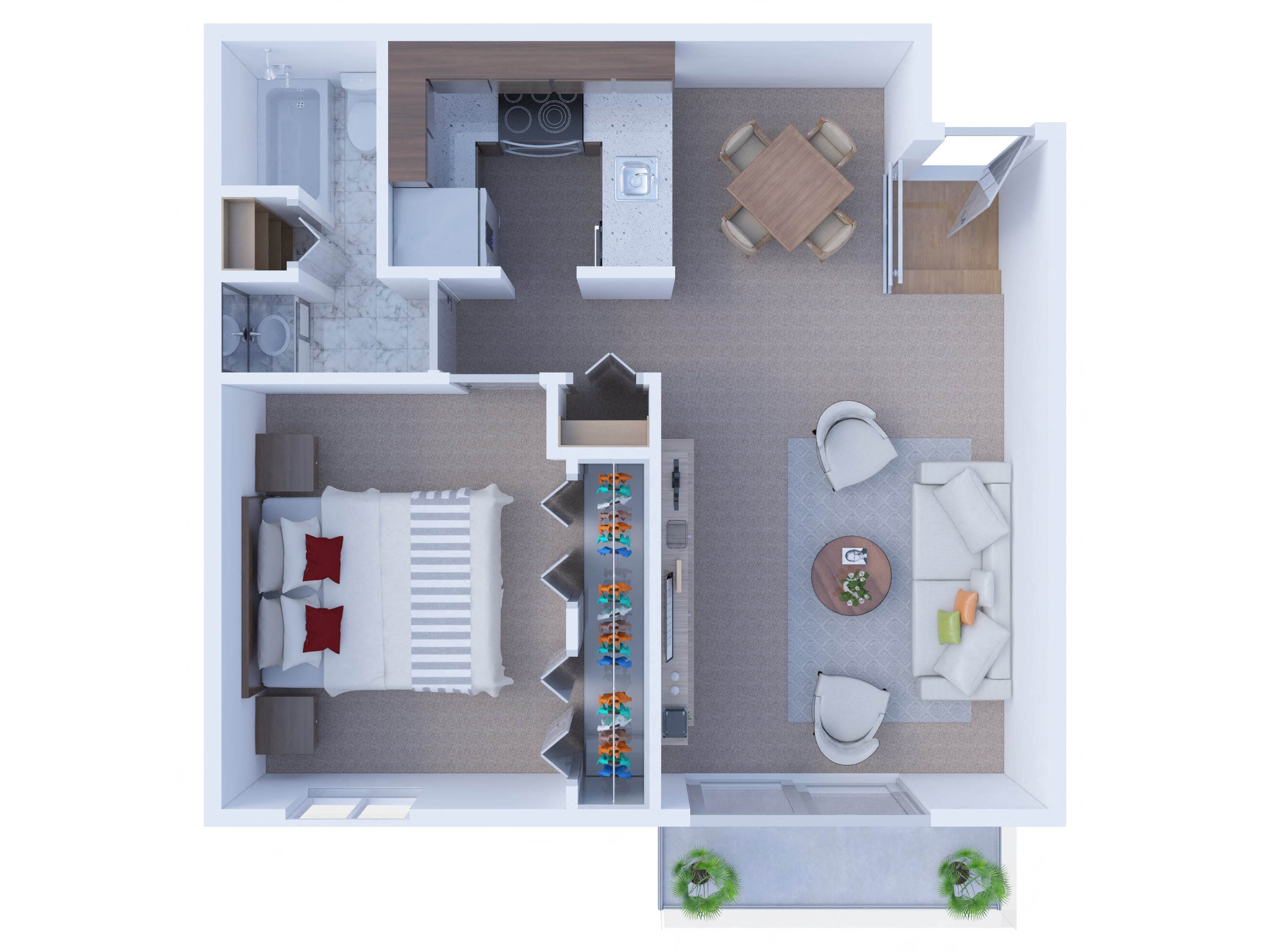 1 bedroom one bathroom floorplan with balcony at Forest Cove Apartments, Mount Prospect, IL