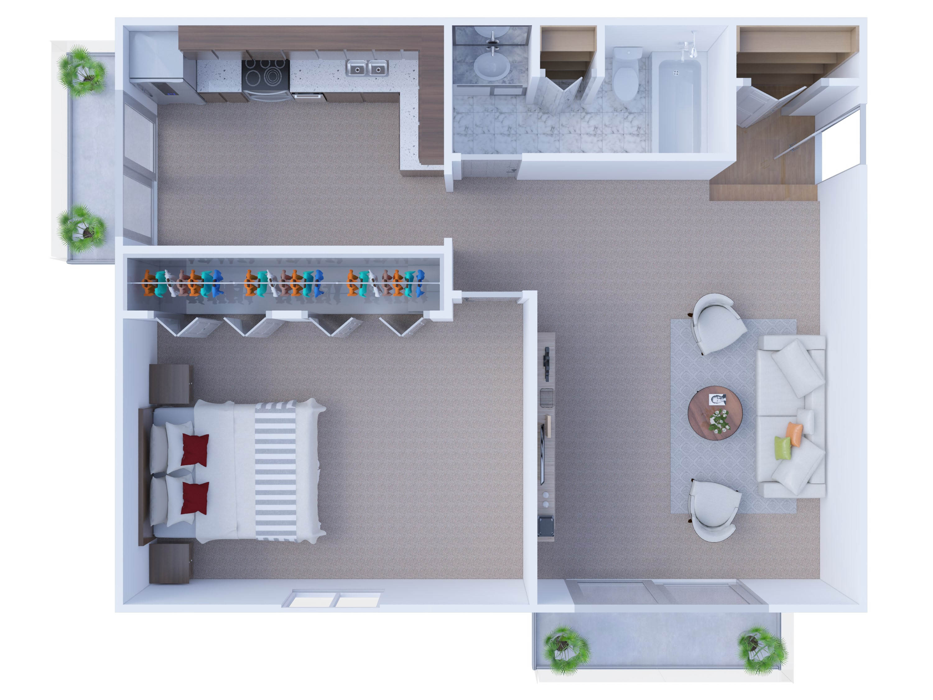 One bedroom 1 bath 3D floorplan at Forest Cove Apartments, Mount Prospect, Illinois