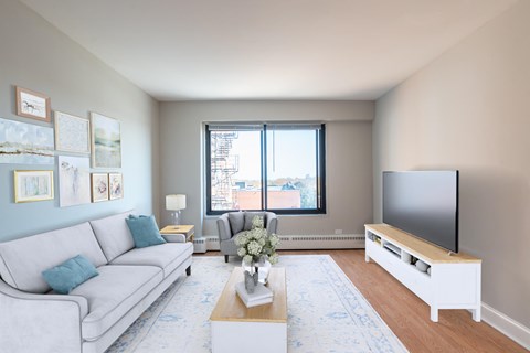 A living room with a grey couch, a coffee table, a flat screen TV and pictures on the wall.