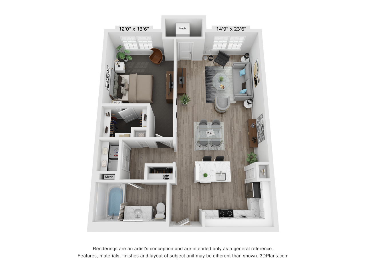 3D floor plan two bedroom two bath apartment at TLC Management Apartments, Vernon Hills, IL 60061