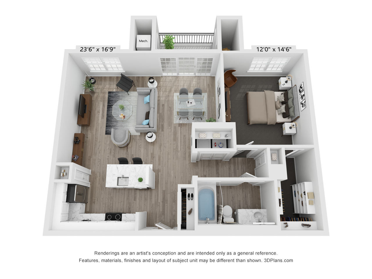 3D floor plan one bedroom apartment layout at TLC Management Apartments, Vernon Hills, IL