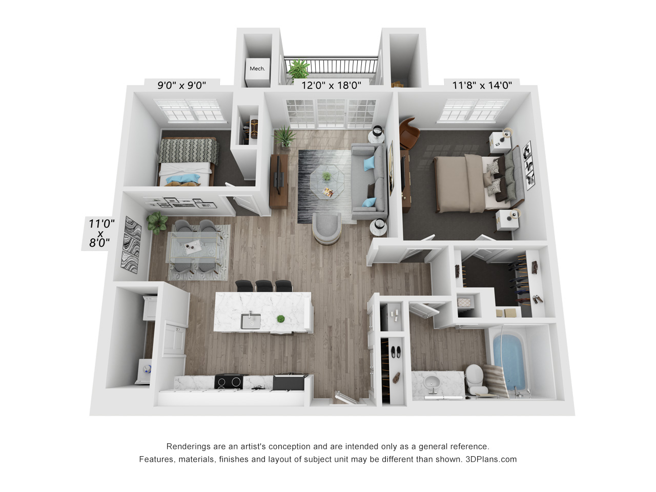 3D floor plan two bedroom apartment with balcony at TLC Management Apartments, Vernon Hills, 60061