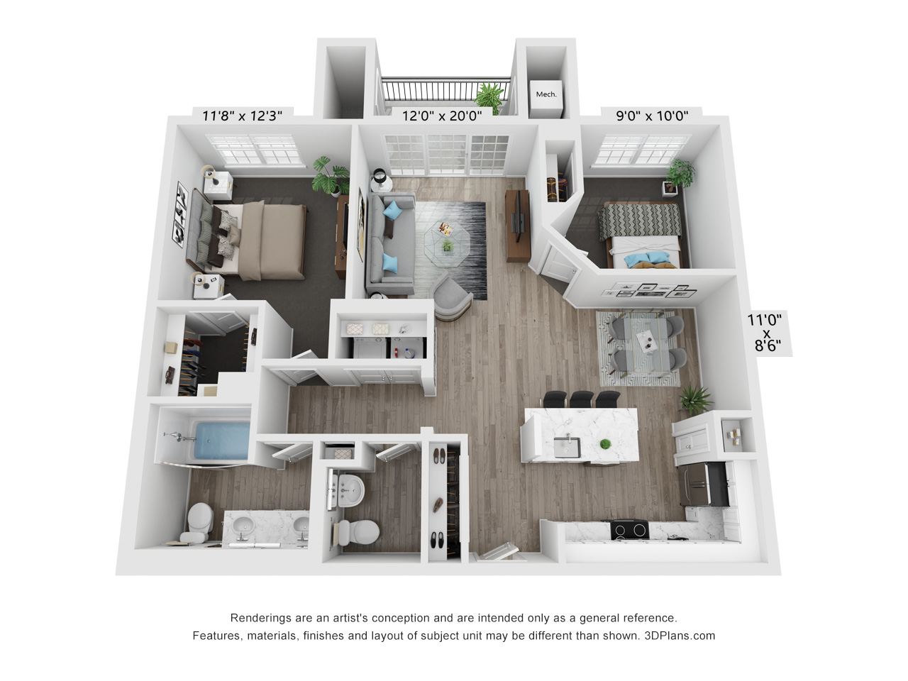 3D floor plan two bedroom two bathroom layout at TLC Management Apartments, Vernon Hills, Illinois