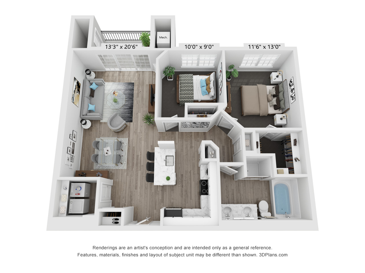 3D floor plan two bedroom two bath layout at TLC Management Apartments, Vernon Hills