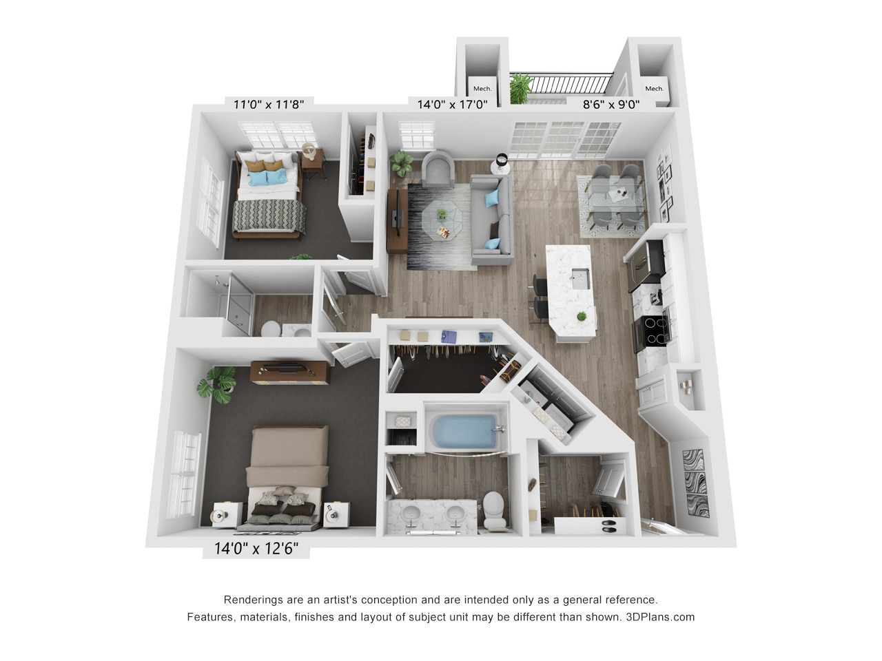 3D two bedroom floor plan with dual balconies at TLC Management Apartments, Illinois