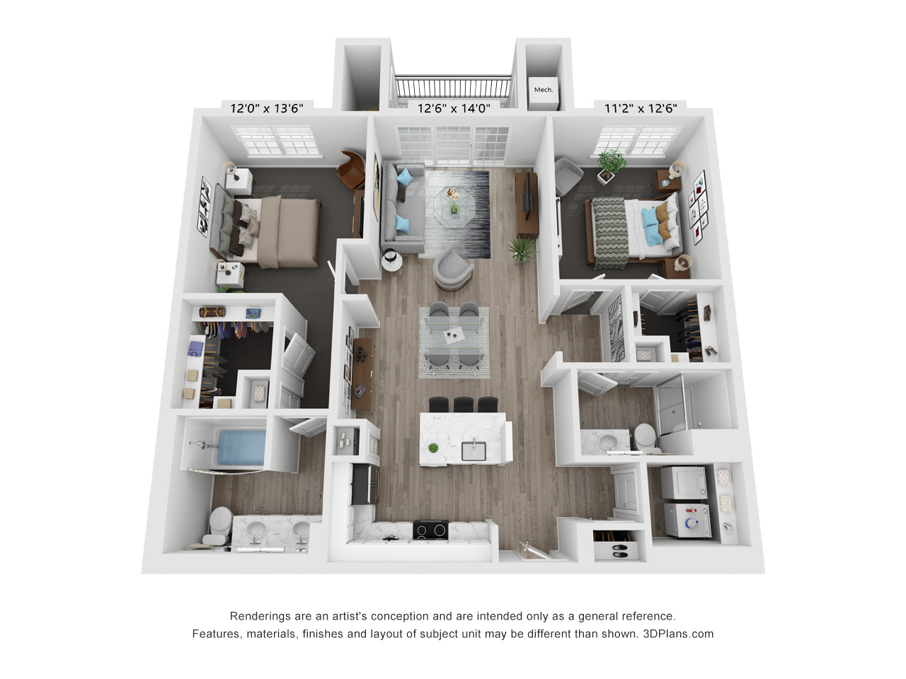 3D two bedroom two bath floor plan at TLC Management Apartments, Illinois, 60061