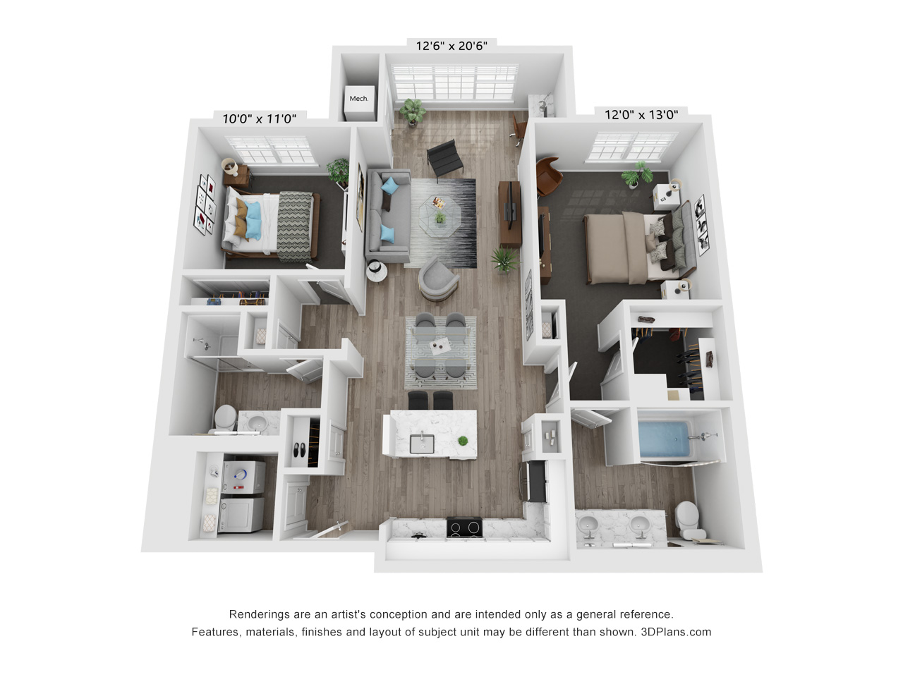 3D floor plan two bedroom apartment with patio at TLC Management Apartments, Vernon Hills, IL 60061