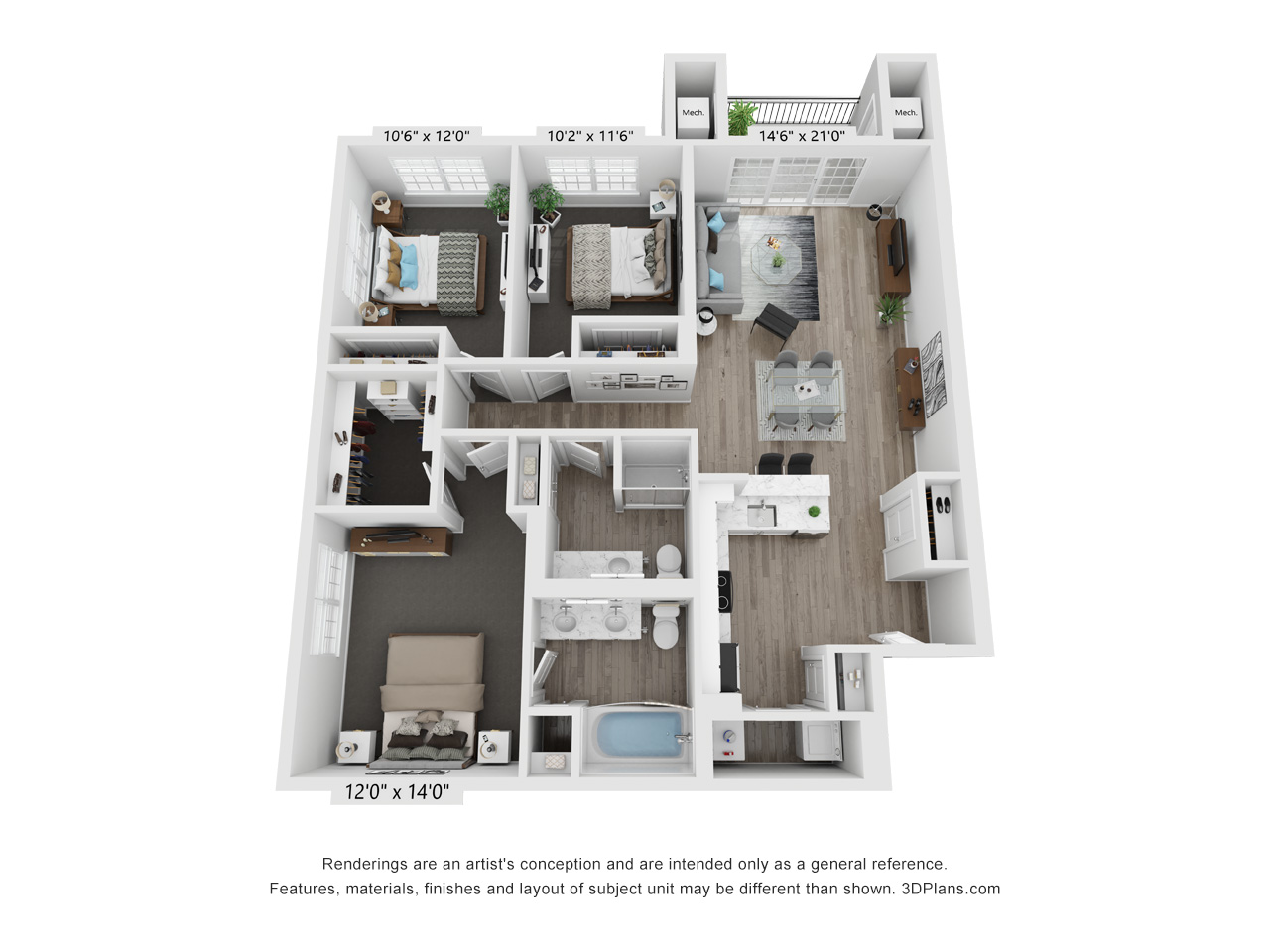 3D three bedroom two bath floor plan at TLC Management Apartments, Vernon Hills, IL