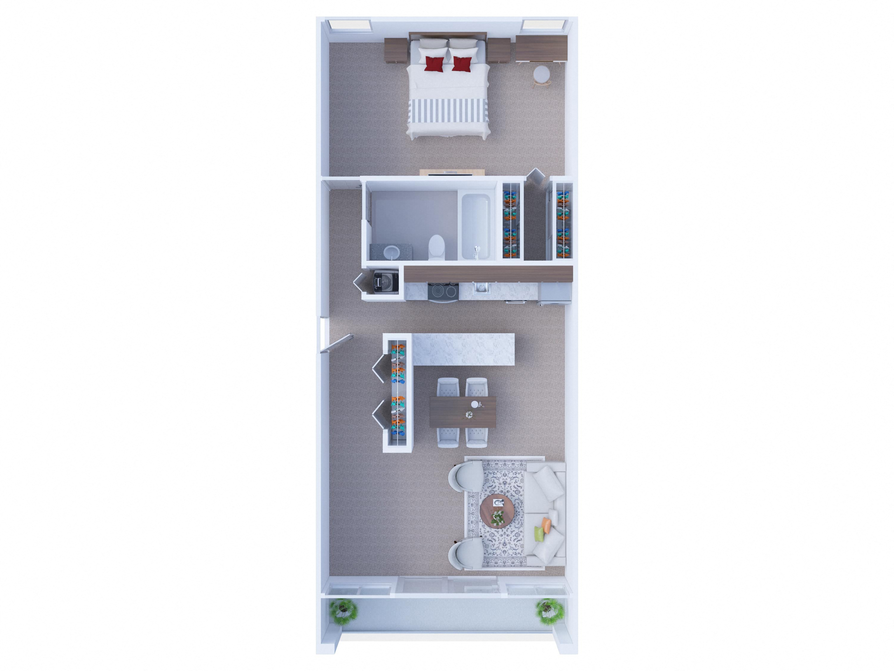 One bed one bathroom floorplan with balcony at Woodbury Place Apartments, Illinois