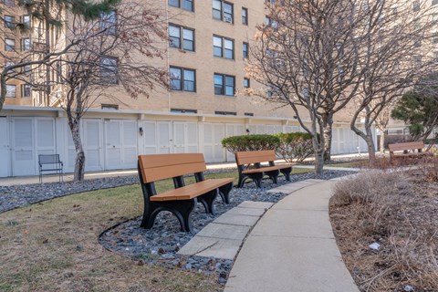 A park with benches and a building in the background.