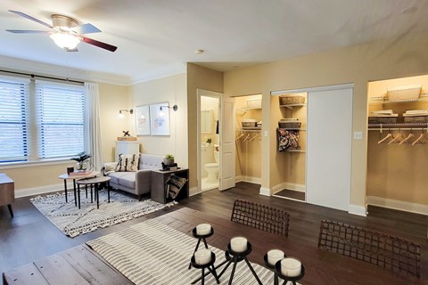 A well-lit room with a couch, chairs, and a rug.